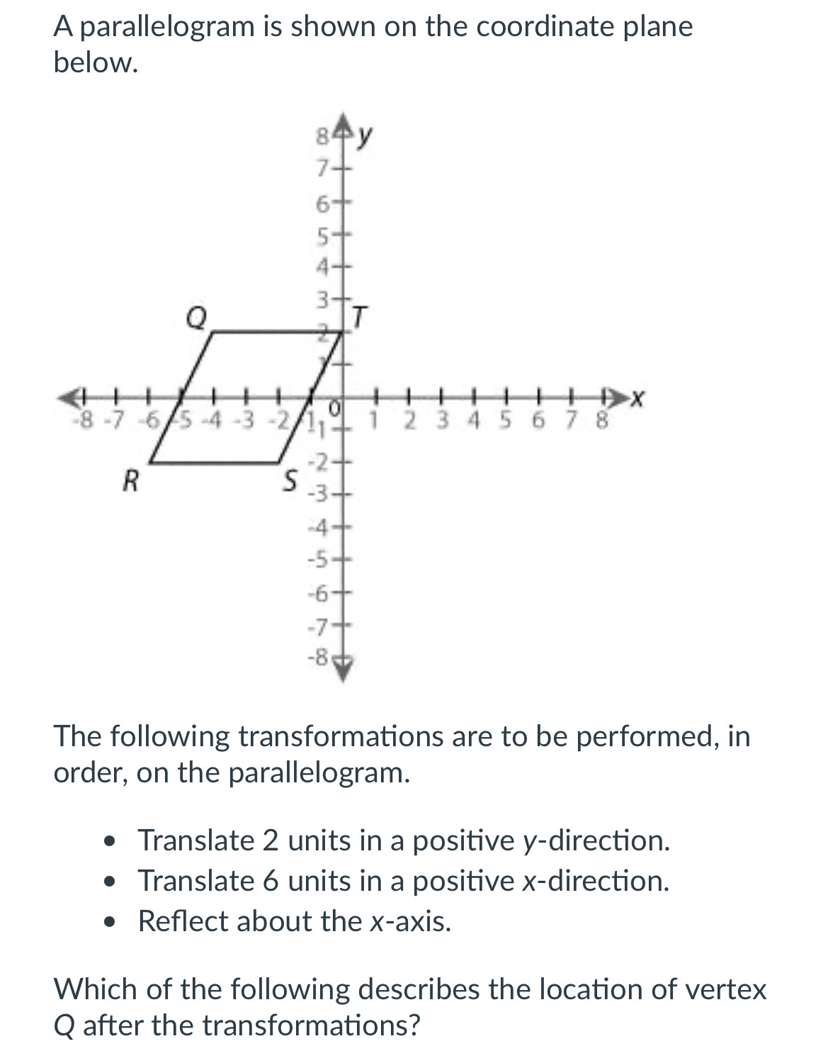 A parallelogram is shown on the coordinate plane 
below. 
The following transformations are to be performed, in 
order, on the parallelogram. 
Translate 2 units in a positive y -direction. 
Translate 6 units in a positive x -direction. 
Reflect about the x-axis. 
Which of the following describes the location of vertex
Q after the transformations?