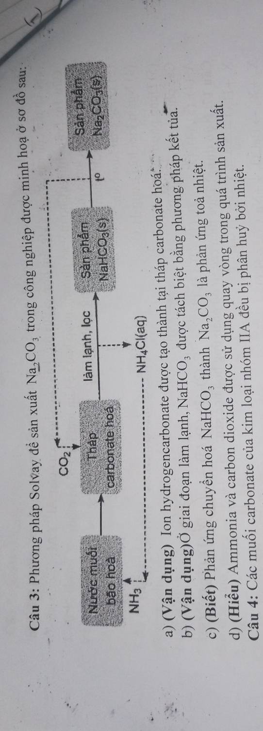 Phương pháp Solvay để sản xuất Na_2CO_3 trong công nghiệp được minh hoạ ở sơ đồ sau:
CO_2
Nước muối Tháp làm lạnh, lọc Sàn phẩm Sản phẩm 
bāo hoà carbonate hoá NaH CO_3(s) to Na_2CO_3(s)
NH_3
NH CI(a aq) 
a) (Vận dụng) Ion hydrogencarbonate được tạo thành tại tháp carbonate hoá 
b) (Vận dụng)Ở giai đoạn làm lạnh, NaHCO_3 được tách biệt bằng phương pháp kết tủa. 
c) (Biết) Phản ứng chuyển hoá NaH CO_3 thành Na_2CO_3 là phản ứng toả nhiệt. 
d) (Hiểu) Ammonia và carbon dioxide được sử dụng quay vòng trong quá trình sản xuất. 
Câu 4: Các muối carbonate của kim loại nhóm IIA đều bị phân huỷ bởi nhiệt.