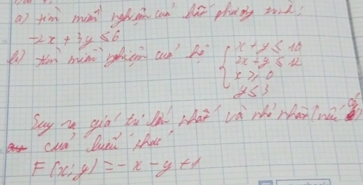 fim min nglish can bt phang trk?
-2x+3y≤ 6
( tóm mini yàcn cun hé
beginarrayl x+y≤ 12 2x+3y≤ 12 x≥slant 0 2≤ 3endarray.
cua Duii shae?
F(x;y)=-x-y+1