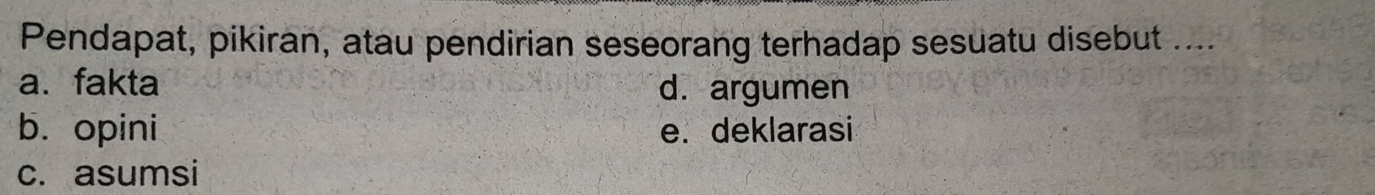 Pendapat, pikiran, atau pendirian seseorang terhadap sesuatu disebut ....
a. fakta
d. argumen
b. opini e. deklarasi
c. asumsi