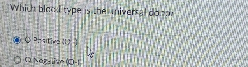 Which blood type is the universal donor
O Positive (O+)
O Negative (O-)