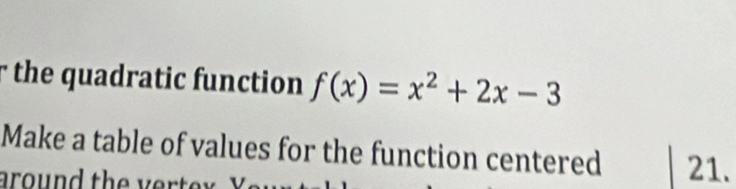 the quadratic function f(x)=x^2+2x-3
Make a table of values for the function centered 21. 
around the vert.