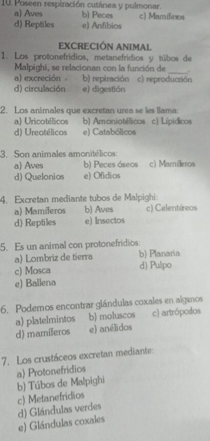 Poseen respiración cutánea y pulmonar.
a) Aves b) Peces c) Mamíferos
d) Reptiles e) Anfibios
EXCRECIÓN ANIMAL
1. Los protonefridios, metanefridios y túbos de
_
Malpighi, se relacionan con la función de .
a) excreción b) repiración c) reproducrión
d) circulación e) digestión
2. Los animales que excretan urea se les llama:
a) Uricotélicos b) Amoniotélicos c) Lípidicos
d) Ureotélicos e) Catabólicos
3. Son animales amonitélicos:
a) Aves b) Peces óseos c) Mamíleros
d) Quelonios e) Ofidios
4. Excretan mediante tubos de Malpighi:
a) Mamíferos b) Aves c) Celentéreos
d) Reptiles e) Insectos
5. Es un animal con protonefridios:
a) Lombriz de tierra b) Planaria
c) Mosca
d) Pulpo
e) Ballena
6. Podemos encontrar glándulas coxales en algunos
a) platelmintos b) moluscos c) artrópodos
d) mamíferos e) anélidos
7. Los crustáceos excretan mediante:
a) Protonefridios
b) Túbos de Malpighi
c) Metanefridios
d) Glándulas verdes
e) Glándulas coxales