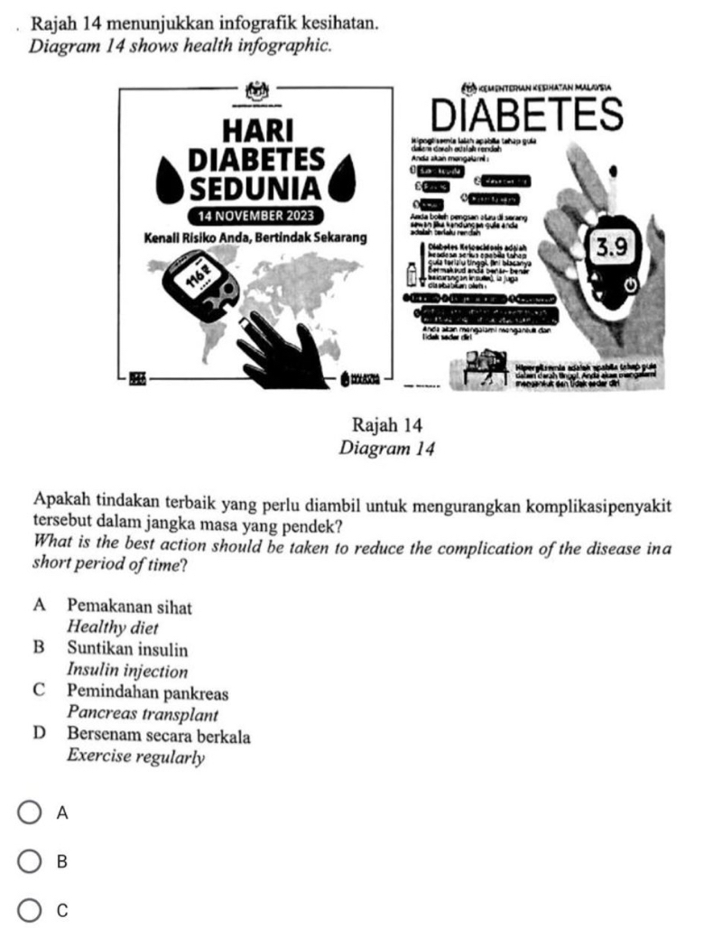 Rajah 14 menunjukkan infografik kesihatan.
Diagram 14 shows health infographic.
Diagram 14
Apakah tindakan terbaik yang perlu diambil untuk mengurangkan komplikasipenyakit
tersebut dalam jangka masa yang pendek?
What is the best action should be taken to reduce the complication of the disease ina
short period of time?
A Pemakanan sihat
Healthy diet
B Suntikan insulin
Insulin injection
C Pemindahan pankreas
Pancreas transplant
D Bersenam secara berkala
Exercise regularly
A
B
C