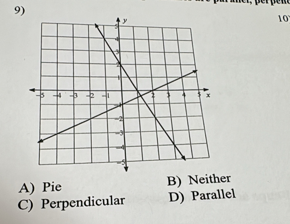 10
A) Pie B) Neither
C) Perpendicular D) Parallel