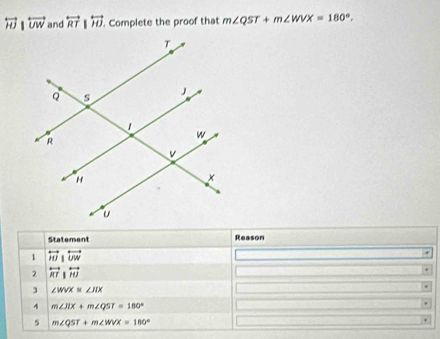 overleftrightarrow HJparallel overleftrightarrow UW and overleftrightarrow RTparallel overleftrightarrow HJ. Complete the proof that m∠ QST+m∠ WVX=180°, 
Statement Reason 
1 overleftrightarrow HJparallel overleftrightarrow UW
2 overleftrightarrow RT|overleftrightarrow HJ
3 ∠ WVX≌ ∠ JIX
4 m∠ JIX+m∠ QST=180°
5 m∠ QST+m∠ WVX=180°