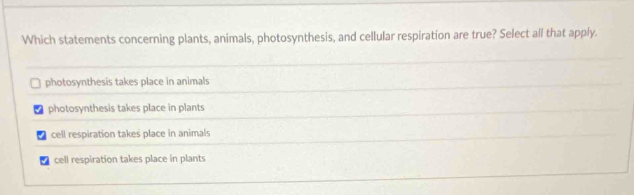 Which statements concerning plants, animals, photosynthesis, and cellular respiration are true? Select all that apply.
photosynthesis takes place in animals
photosynthesis takes place in plants
cell respiration takes place in animals
cell respiration takes place in plants