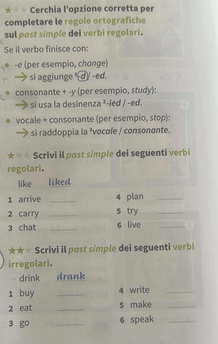 Cerchia l’opzione corretta per 
completare le regole ortografiche 
sul past simple dei verbi regolari. 
Se il verbo finisce con: 
-e (per esempio, change) 
si aggiunge ¹d/ -ed. 
consonante + -y (per esempio, study): 
si usa la desinenza ²-ied / -ed. 
vocale + consonante (per esempio, stop): 
si raddoppia la ³vocale / consonante. 
Scrivi il past simple dei seguenti verbi 
regolari. 
★★★ Scrivi il past simple dei seguenti verbi 
irregolari. 
drink drank 
1 buy _4 write_ 
2 eat _5 make_ 
3 go 
_ 
6 speak_