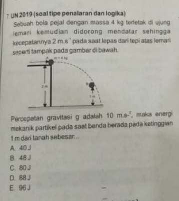 UN 2019 (soal tipe penalaran dan logika)
Sebuah bola pejal dengan massa 4 kg terletak di ujung
lemari kemudian didorong mendatar sehingga
kecepatannya 2m.s ` pada saat lepas dari tepi atas lemari
seperti tampak pada gambar di bawah.
Percepatan gravitasi g adalah 10m.s-^2 , maka energi
mekanik partikel pada saat benda berada pada ketinggian
1 m dari tanah sebesar...
A. 40 J
B. 48 J
C， 80 J
D. 88 J
E. 96 J