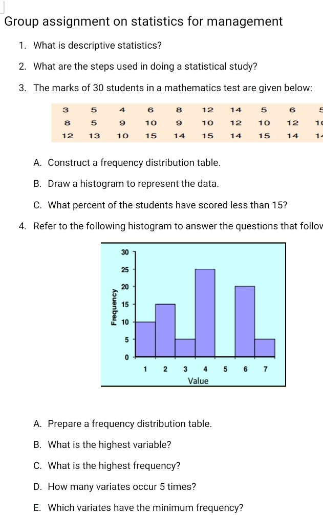 Group assignment on statistics for management 
1. What is descriptive statistics? 
2. What are the steps used in doing a statistical study? 
3. The marks of 30 students in a mathematics test are given below: 
5 
( 
A. Construct a frequency distribution table. 
B. Draw a histogram to represent the data. 
C. What percent of the students have scored less than 15? 
4. Refer to the following histogram to answer the questions that follov 
A. Prepare a frequency distribution table. 
B. What is the highest variable? 
C. What is the highest frequency? 
D. How many variates occur 5 times? 
E. Which variates have the minimum frequency?