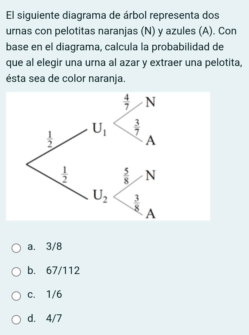 El siguiente diagrama de árbol representa dos
urnas con pelotitas naranjas (N) y azules (A). Con
base en el diagrama, calcula la probabilidad de
que al elegir una urna al azar y extraer una pelotita,
ésta sea de color naranja.
a. 3/8
b. 67/112
c. 1/6
d. 4/7