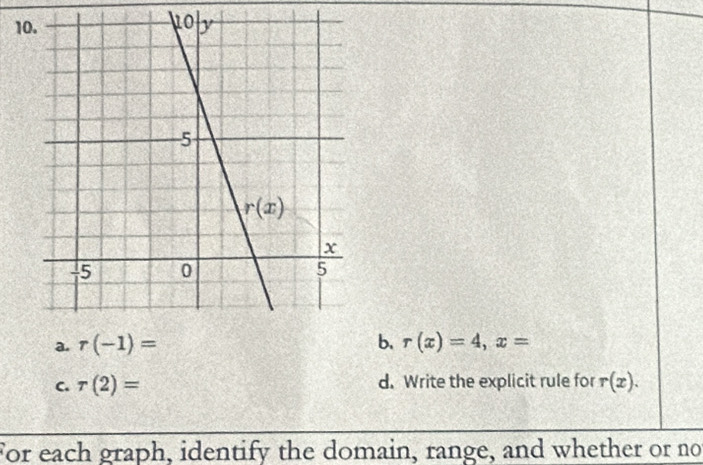 1
a. r(-1)= b. r(x)=4,x=
C. r(2)= d. Write the explicit rule for r(x).
For each graph, identify the domain, range, and whether or no