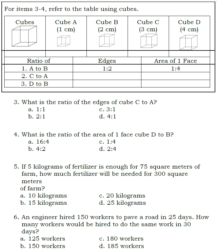 For items 3-4, refer to the table using cubes.
3. What is the ratio of the edges of cube C to A?
a. 1:1 C. 3:1
b. 2:1 d. 4:1
4. What is the ratio of the area of 1 face cube D to B?
a. 16:4 C. 1:4
b. 4:2 d. 2:4
5. If 5 kilograms of fertilizer is enough for 75 square meters of
farm, how much fertilizer will be needed for 300 square
meters
of farm?
a. 10 kilograms c. 20 kilograms
b. 15 kilograms d. 25 kilograms
6. An engineer hired 150 workers to pave a road in 25 days. How
many workers would be hired to do the same work in 30
days?
a. 125 workers c. 180 workers
b. 150 workers d. 185 workers