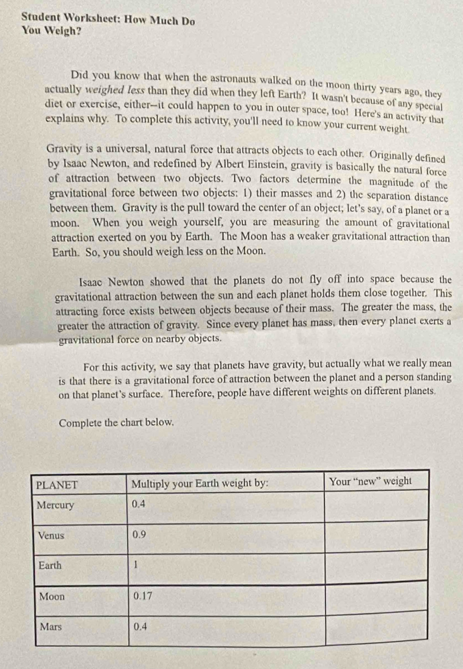 Student Worksheet: How Much Do 
You Weigh? 
Did you know that when the astronauts walked on the moon thirty years ago, they 
actually weighed Iess than they did when they left Earth? It wasn't because of any special 
diet or exercise, either--it could happen to you in outer space, too! Here's an activity that 
explains why. To complete this activity, you'll need to know your current weight 
Gravity is a universal, natural force that attracts objects to each other. Originally defined 
by Isaac Newton, and redefined by Albert Einstein, gravity is basically the natural force 
of attraction between two objects. Two factors determine the magnitude of the 
gravitational force between two objects: 1) their masses and 2) the separation distance 
between them. Gravity is the pull toward the center of an object; let’s say, of a planet or a 
moon. When you weigh yourself, you are measuring the amount of gravitational 
attraction exerted on you by Earth. The Moon has a weaker gravitational attraction than 
Earth. So, you should weigh less on the Moon. 
Isaac Newton showed that the planets do not fly off into space because the 
gravitational attraction between the sun and each planet holds them close together. This 
attracting force exists between objects because of their mass. The greater the mass, the 
greater the attraction of gravity. Since every planet has mass, then every planet exerts a 
gravitational force on nearby objects. 
For this activity, we say that planets have gravity, but actually what we really mean 
is that there is a gravitational force of attraction between the planet and a person standing 
on that planet's surface. Therefore, people have different weights on different planets. 
Complete the chart below.