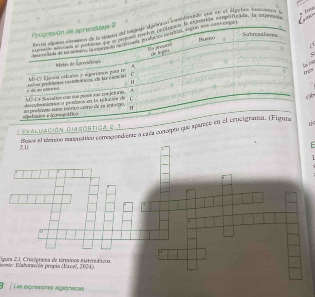 co considerando que en el álgebra buscamos la Ira 
expresión simplificada, la expresión mo 
a) 
d( 
S 
ra 
es 
b 
Evaluación Diagóstica 2.1 
mático correspondiente a cada concepto que aparic 
F 

Figura 2.1. Crucigrama de términos matemáticos. 
Juente: Elaboración propia (Excel, 2024). 
3 Las expresiones algebraícas