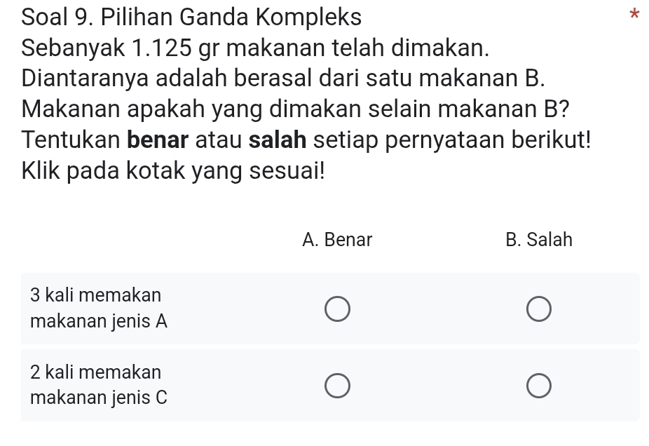 Soal 9. Pilihan Ganda Kompleks 
* 
Sebanyak 1.125 gr makanan telah dimakan. 
Diantaranya adalah berasal dari satu makanan B. 
Makanan apakah yang dimakan selain makanan B? 
Tentukan benar atau salah setiap pernyataan berikut! 
Klik pada kotak yang sesuai!