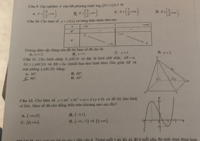 Tập nghiệm S cứu bắt phương trình log _2(2x+1)≥ 3 Bão
A. S=[ 9/2 ,+∈fty ) B. S=[ 7/2 ;+∈fty ). C. S=( 7/2 ;4∈fty ). D. S=[ 5/2 ,+∈fty )
Cầu 10, Cho hàm  biến thiên như sau :
Đường tiệm cận đứng của đô thị hàm số đ
C.
A. x=2 x=1. y=1, D. y=2.
B.
Câa 11. Cho hình chóp S.ABCD có đây là hình chữ nhật, AB=a,
SA⊥ (ABCD) vá SB=2a (minh họa như hình bên). Góc giữa SB và
mật phẳng (ABCD) bảng:
A. 30°
B. 60°.
C 90°,
D. 45°,
Câu 12. Cho hám số y=ax^5+bx^2+cx+d(a!= 0) có đồ thị như hình
vẽ bên. Hàm số đã cho đồng biển trên khoảng nào sau đây?
B.
A. (-∈fty ;0). (-1;1).
D.
C. (0,+∈fty ). (-∈fty ,-1) và (1;+∈fty ).
e v  gâu 1đên câu 4. Trong mỗi ý a), b1, c), đị ở mỗi câu, thi sinh chọn đứng boác