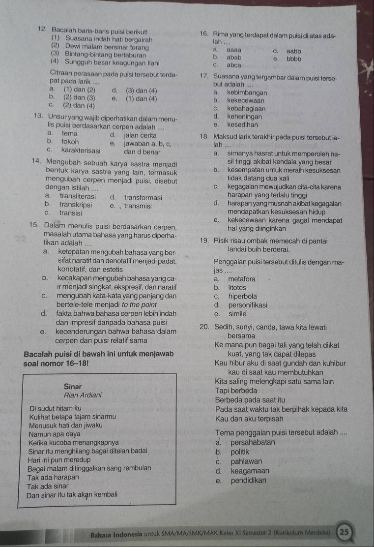 Bacalah baris-baris puisi berikut! 16. Rima yang terdapat dalam puisi di atas ada-
(1) Suasana indah hati bergairah
lah ....
(2) Dewi malam bersinar terang a. aaaa
(3) Bintang-bintang bertaburan b. abab d. aabb
(4) Sungguh besar keagungan Ilahi c. abca e bbbb
Citraan perasaan pada puisi tersebut terda- 17. Suasana yang tergambar dalam puisi terse-
pat pada larik .... but adalah ....
a. (1) dan (2) d. (3) dan (4) a. kebimbangan
b. (2) dan (3) e. (1) dan (4) b. kekecewaan
c. (2) dan (4) c. kebahagiaan
13. Unsur yang wajib diperhatikan dalam menu- d. keheningan
lis puisi berdasarkan cerpen adalah .... e. kesedihan
a. tema d. jalan cerita 18. Maksud larik terakhir pada puisi tersebut ia-
b. tokoh e. jawaban a, b, c, lah ....
c. karakterisasi dan d benar a. sirnanya hasrat untuk memperoleh ha-
14. Mengubah sebuah karya sastra menjadi sil tinggi akibat kendala yang besar
bentuk karya sastra yang lain, termasuk b. kesempatan untuk meraih kesuksesan
mengubah cerpen menjadi puisi, disebut tidak datang dua kali
dengan istilah .... c. kegagalan mewujudkan cita-cita karena
a. transliterasi d. transformasi harapan yang terlalu tinggi
b. transkripsi e.transmisi d. harapan yang musnah akibat kegagalan
c. transisi mendapatkan kesuksesan hidup
e. kekecewaan karena gagal mendapat
15. Dalam menulis puisi berdasarkan cerpen. hal yang diinginkan
masalah utama bahasa yang harus diperha-
tikan adalah .... 19. Risik risau ombak memecah di pantai
landai buih berderai.
a. ketepatan mengubah bahasa yang ber-
sifat naratif dan denotatif menjadi padat, Penggalan puisi tersebut ditulis dengan ma-
konotatif, dan estetis jas ....
b. kecakapan mengubah bahasa yang ca- a. metafora
ir menjadi singkat, ekspresif, dan naratif b. litotes
c. mengubah kata-kata yang panjang dan c. hiperbola
bertele-tele menjadi to the point d. personifikasi
d. fakta bahwa bahasa cerpen lebih indah e. simile
dan impresif daripada bahasa puisi
e. kecenderungan bahwa bahasa dalam 20. Sedih, sunyi, canda, tawa kita lewati
bersama
cerpen dan puisi relatif sama Ke mana pun bagai tali yang telah diikat
Bacalah puisi di bawah ini untuk menjawab kuat, yang tak dapat dilepas
soal nomor 16-18! Kau hibur aku di saat gundah dan kuhibur
kau di saat kau membutuhkan
Kita saling melengkapi satu sama lain
Sinar
Rian Ardiani Tapi berbeda
Berbeda pada saat itu
Di sudut hitam itu Pada saat waktu tak berpihak kepada kita
Kulihat betapa tajam sinarmu Kau dan aku terpisah
Menusuk hati dan jiwaku
Namun apa daya Tema penggalan puisi tersebut adalah ....
Ketika kucoba menangkapnya a. persahabatan
Sinar itu menghilang bagai ditelan badai b. politik
Hari ini pun meredup c. pahlawan
Bagai malam ditinggalkan sang rembulan d. keagamaan
Tak ada harapan
Tak ada sinar e. pendidikan
Dan sinar itu tak akan kembali
Bahasa Indonesia untuk SMA/MA/SMK/MAK Kelas XI Semester 2 (Kurikulum Merdeka) 25