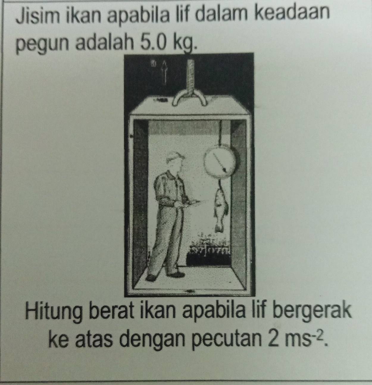 Jisim ikan apabila lif dalam keadaan 
pegun adalah 5.0 kg. 
Hitung berat ikan apabila lif bergerak 
ke atas dengan pecutan 2ms^(-2).