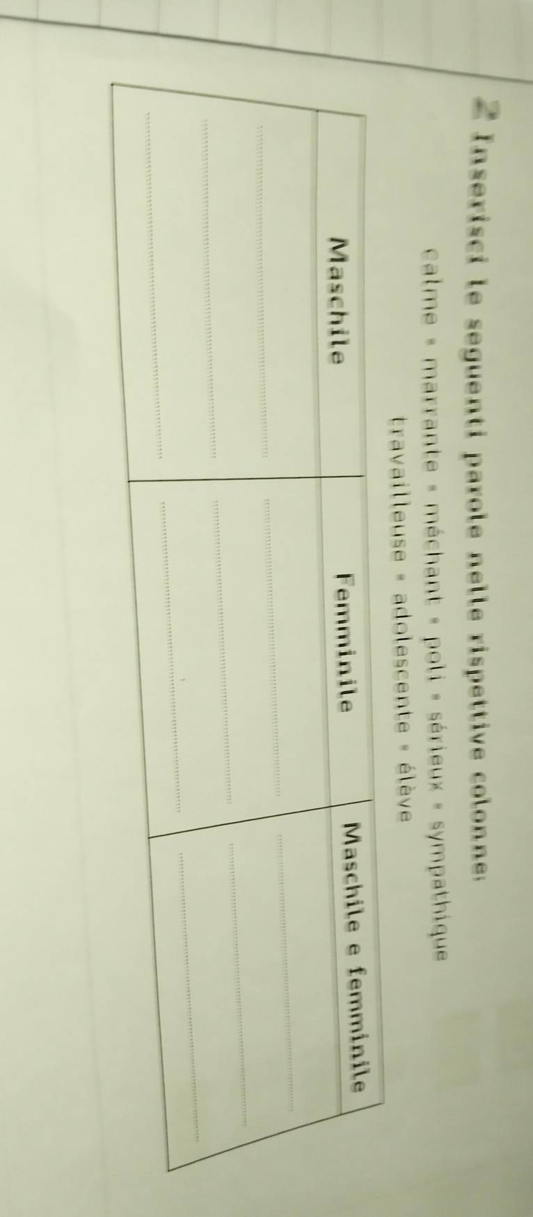 Inserisci le seguenti parole nelle rispettive colonne.
calme « marrante » méchant » poli « sérieux » sympathique
travailleuse « adolescente » élève