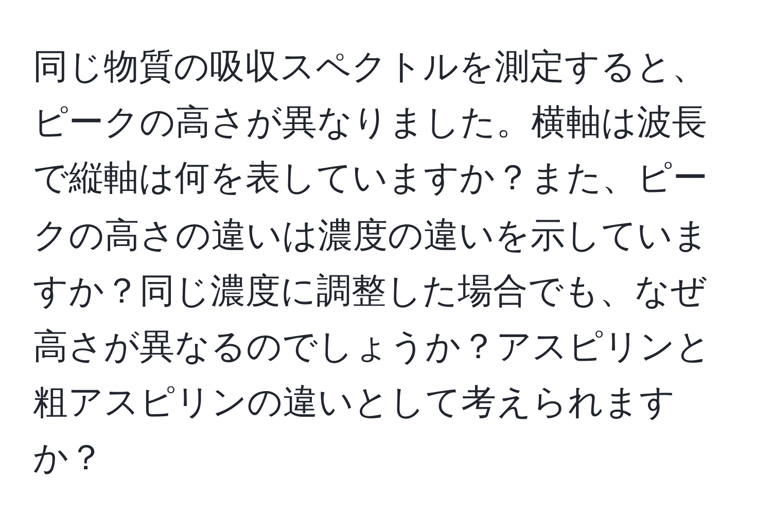 同じ物質の吸収スペクトルを測定すると、ピークの高さが異なりました。横軸は波長で縦軸は何を表していますか？また、ピークの高さの違いは濃度の違いを示していますか？同じ濃度に調整した場合でも、なぜ高さが異なるのでしょうか？アスピリンと粗アスピリンの違いとして考えられますか？