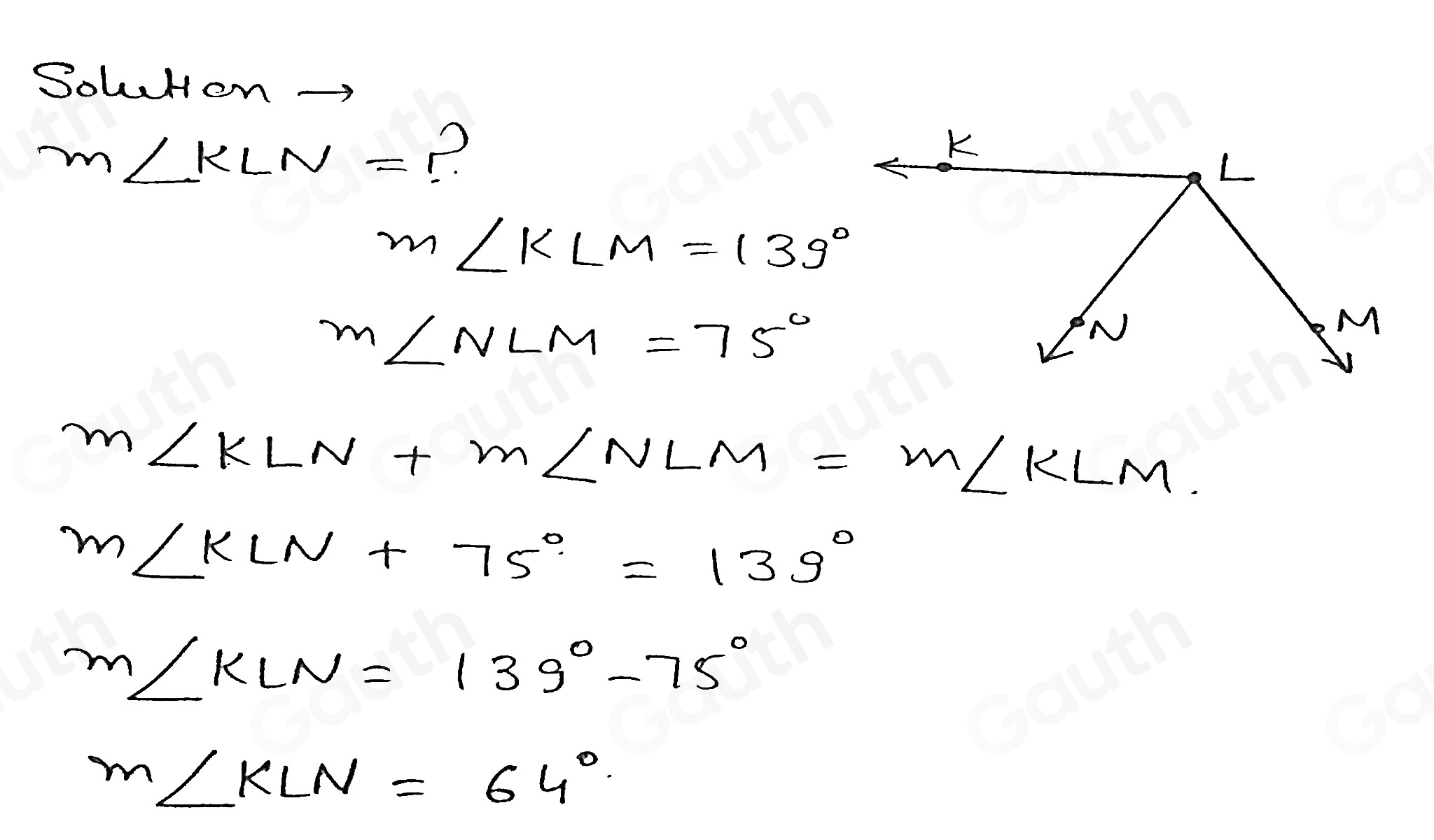 Solved: Solve for m∠ KLN if m∠ KLM=139° and m∠ NLM=75°. [Math]