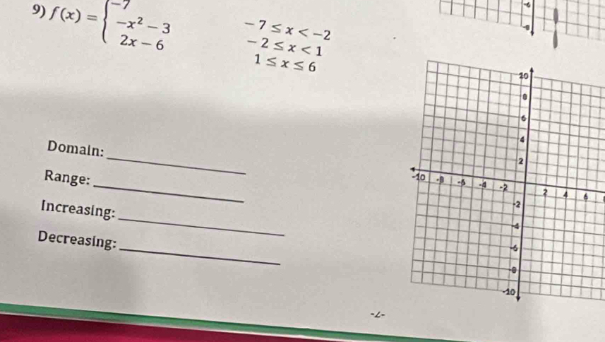 f(x)=beginarrayl -7 -x^2-3 2x-6endarray.
-7≤ x
-2≤ x<1</tex>
1≤ x≤ 6
Domain: 
_ 
Range: 
_ 
_ 
Increasing: 
_ 
Decreasing: