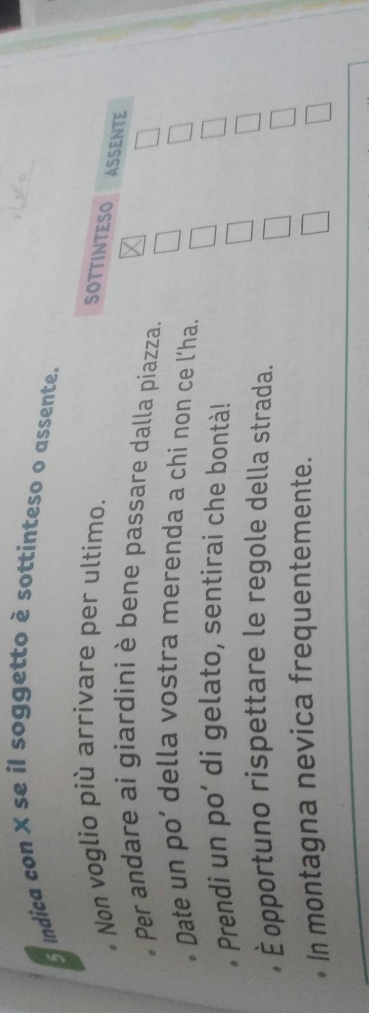 ndica con X se il soggetto è sottinteso o assente. 
5 
Non voglio più arrivare per ultimo. 
Per andare ai giardini è bene passare dalla piazza. 
Date un po’ della vostra merenda a chi non ce l’ha 
• Prendi un po’ di gelato, sentirai che bontà! 
É opportuno rispettare le regole della strada. 
In montagna nevica frequentemente.