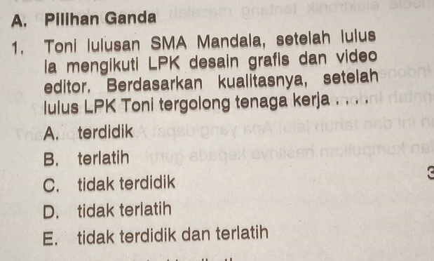 A. Pilihan Ganda
1. Toni lulusan SMA Mandala, setelah lulus
ia mengikuti LPK desain grafis dan video
editor. Berdasarkan kualitasnya, setelah
lulus LPK Toni tergolong tenaga kerja ... .
A. terdidik
B. terlatih
k
C. tidak terdidik
D. tidak terlatih
E. tidak terdidik dan terlatih