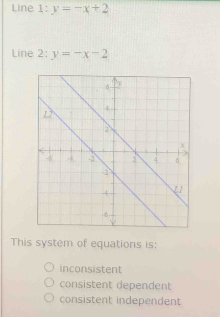 Line 1^= y=-x+2
Line 2: y=-x-2
This system of equations is:
inconsistent
consistent dependent
consistent independent