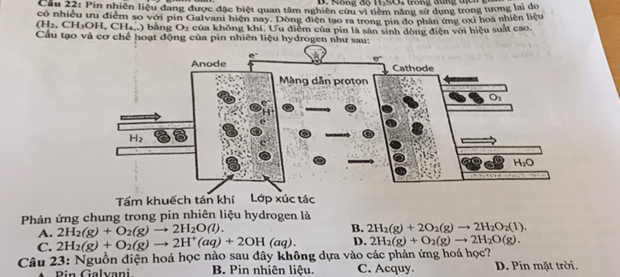 Nông độ HSO, trong đung  tị  n  g
Câu 22: Pin nhiên liệu đang được đặc biệt quan tâm nghiên cứu vì tiểm năng sử dụng trong tượng lai do
có nhiều ưu điểm so với pin Galvani hiện nay. Dòng điện tạo ra trong pin do phản ứng oxỉ hoá nhiên liệu
(H_2,CH_3OH,CH_4,..) bảng O_2 của không khí. Ưu điểm của pin là sản sinh dòng điện với hiệu suất cao,
Cầu tạo và cơ chế hoạt động của pin nhiên liệu hydrogen như sau:
Tấm khu
Phản ứng chung trong pin nhiên liệu hydrogen là
A. 2H_2(g)+O_2(g)to 2H_2O(l). B. 2H_2(g)+2O_2(g)to 2H_2O_2(1).
C. 2H_2(g)+O_2(g)to 2H^+(aq)+2OH(aq). D. 2H_2(g)+O_2(g)to 2H_2O(g).
Câu 23: Nguồn điện hoá học nào sau đây không dựa vào các phản ứng hoá học?
Pin Galvani B. Pin nhiên liệu. C. Acquy. D. Pin mặt trời.