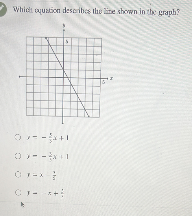 Which equation describes the line shown in the graph?
y=- 5/3 x+1
y=- 3/5 x+1
y=x- 3/5 
y=-x+ 3/5 