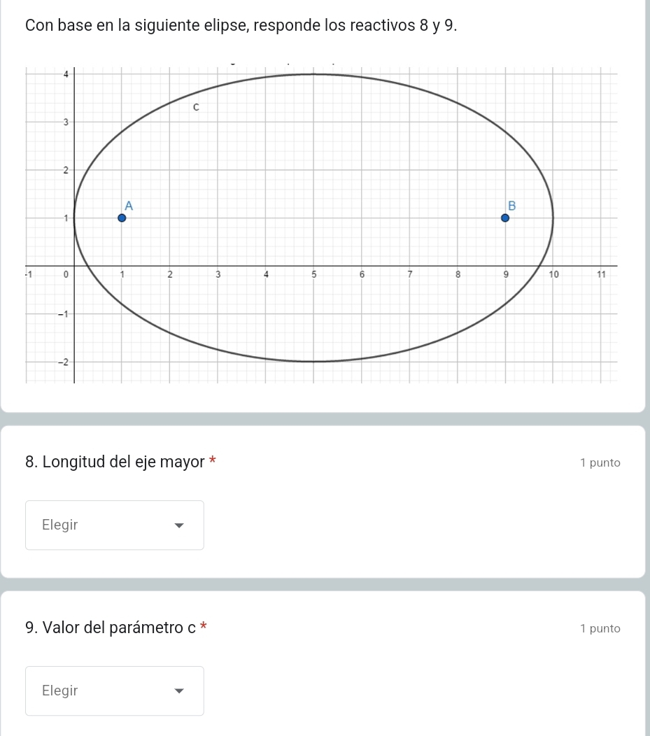 Con base en la siguiente elipse, responde los reactivos 8 y 9. 
8. Longitud del eje mayor * 1 punto 
Elegir 
9. Valor del parámetro c * 1 punto 
Elegir