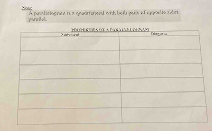 Note: 
A parallelogram is a quadrilateral with both pairs of opposite sides 
parallel.