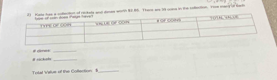 nickels and dimes worth $2.85. There are 39 coins in the collection. How many of each 
# dimes:_ 
# nickels:_ 
Total Value of the Collection: $ _