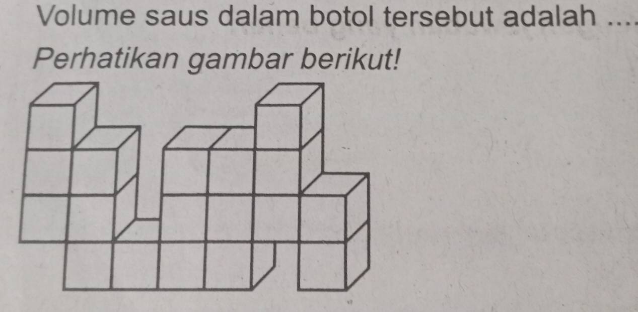 Volume saus dalam botol tersebut adalah .... 
Perhatikan gambar berikut!