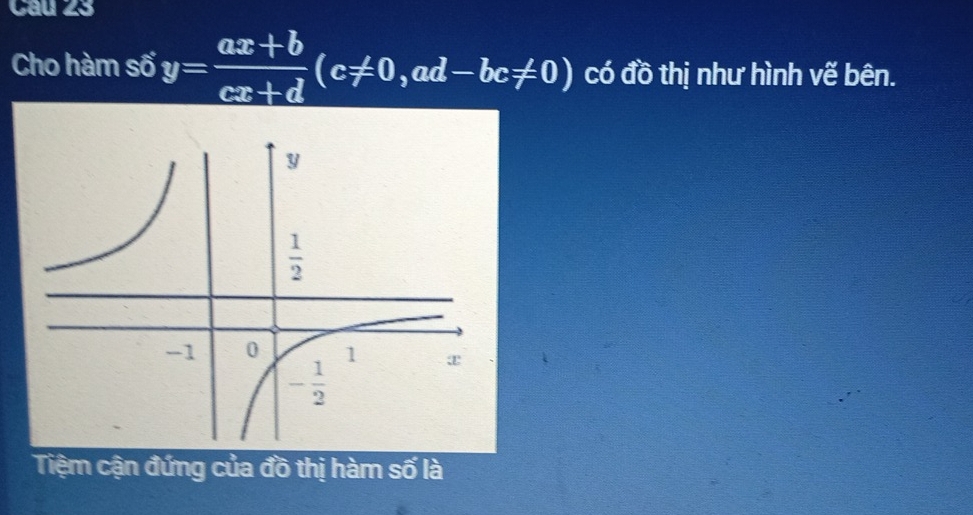 Cho hàm số y= (ax+b)/cx+d (c!= 0,ad-bc!= 0) có đồ thị như hình vế bên.
Tiệm cận đứng của đồ thị hàm số là