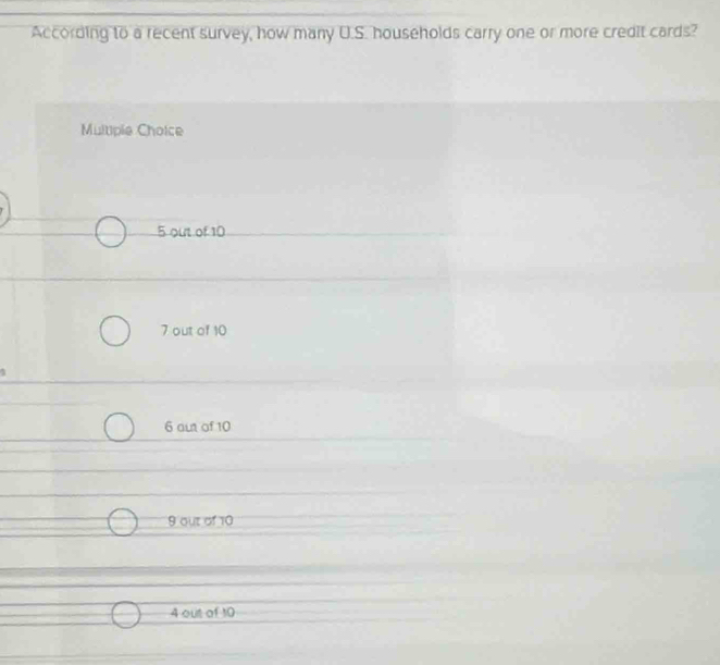 According to a recent survey, how many U.S. households carry one or more credit cards?
Multiple Choice
5 out of 10
7 out of 10
6 aut of 10
9 out of 10
4 out of 10