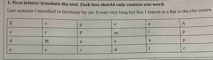 First letters: translate the text. Each box should only contain one word. 
Last summer I travelled to Germany by car. It was very long but fun. I stayed in a flat in the city centre.