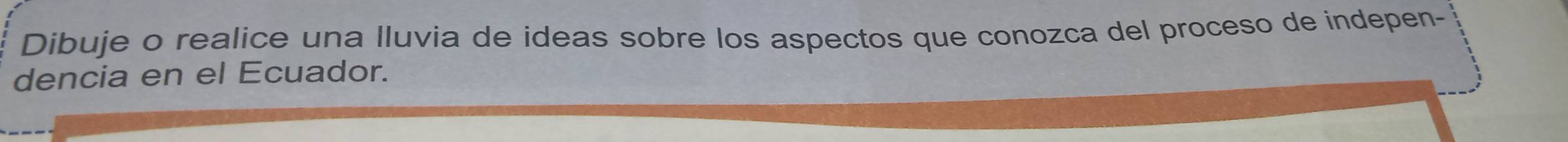 Dibuje o realice una lluvia de ideas sobre los aspectos que conozca del proceso de indepen- 
dencia en el Ecuador.