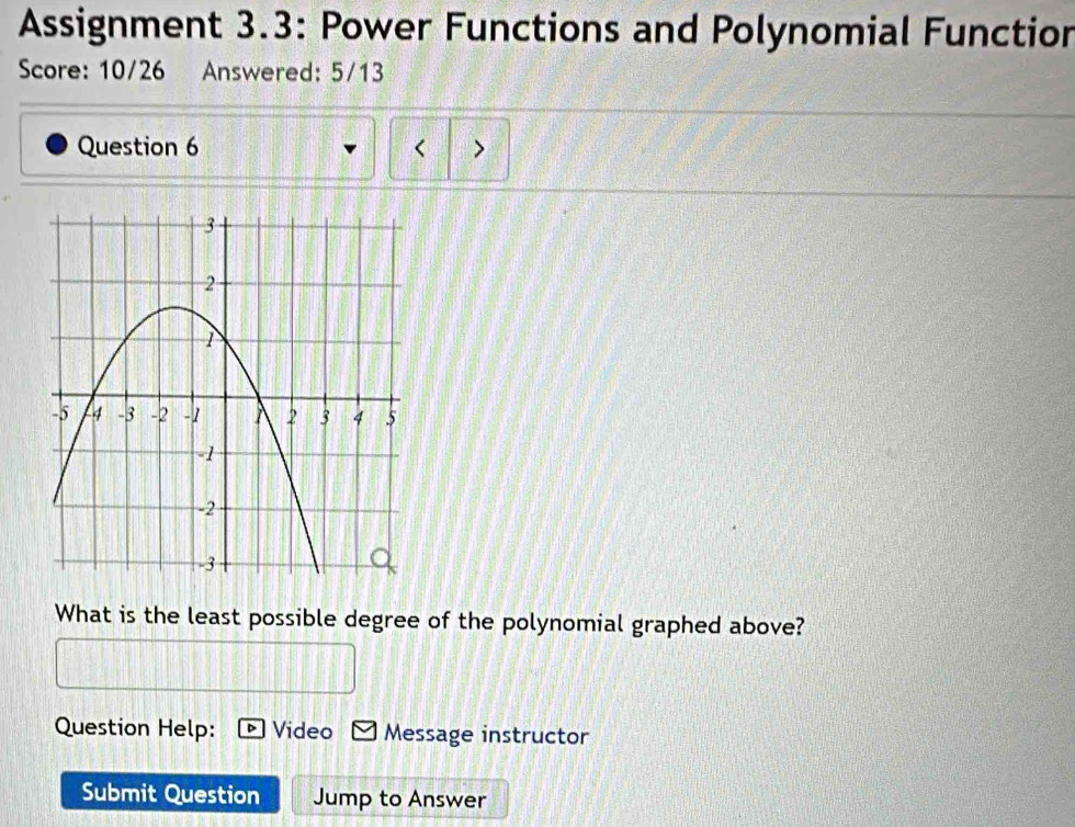 Assignment 3.3: Power Functions and Polynomial Function 
Score: 10/26 Answered: 5/13 
Question 6 < > 
What is the least possible degree of the polynomial graphed above? 
Question Help: Video Message instructor 
Submit Question Jump to Answer