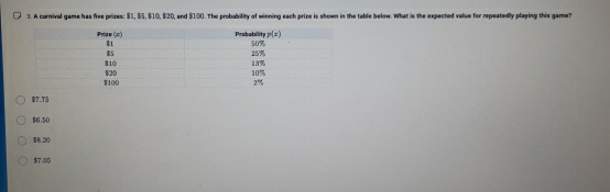 A carnival game has free prizes: $1, $5, $10, $20, and $100. The probability of winning each prize is shown in the table below. What is the expected value for repeatedly playing this game?
$7.75
$6.50
$8.20
$7.00