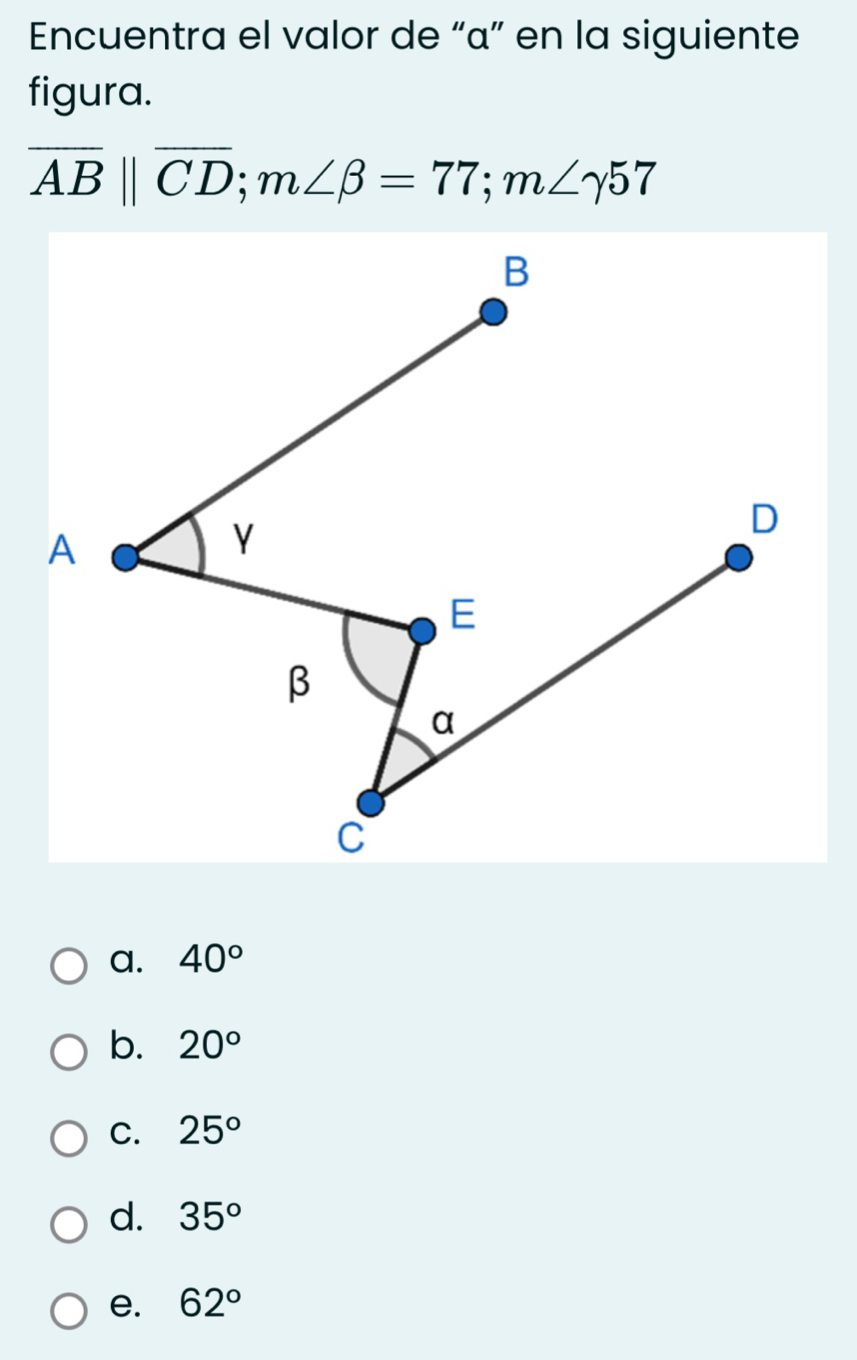 Encuentra el valor de “ α ” en la siguiente
figura.
overline AB||overline CD; m∠ beta =77; m∠ gamma 57
a. 40°
b. 20°
C. 25°
d. 35°
e. 62°