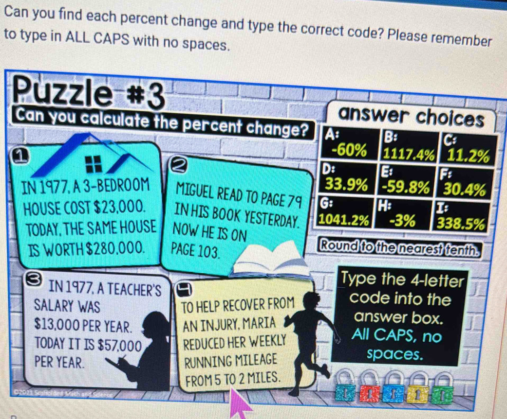 Can you find each percent change and type the correct code? Please remember 
to type in ALL CAPS with no spaces. 
Püzzle #3 
answer choices 
Can you calculate the percent change? A B: Cs 
- 60% 1117.4% 11.2%
D: B F
33.9% - 59.8% 30.4%
IN 1977, A 3 -BEDROOM MIGUEL READ TO PAGE 79 G: H: 10
HOUSE COST $23,000. IN HIS BOOK YESTERDAY. 1041.2% - 3% 338.5%
TODAY. THE SAME HOUSE NOW HE IS ON 
IS WORTH $280.000. PAGE 103. 
Round to the nearest tenth. 
Type the 4 -letter 
IN 1977, A TEACHER'S code into the 
SALARY WAS TO HELP RECOVER FROM 
answer box.
$13,000 PER YEAR. AN INJURY, MARIA All CAPS, no 
TODAY IT IS $57,000 REDUCED HER WEEKLY 
PER YEAR. RUNNING MILEAGE 
spaces. 
FROM 5 TO 2 MILES. 
an