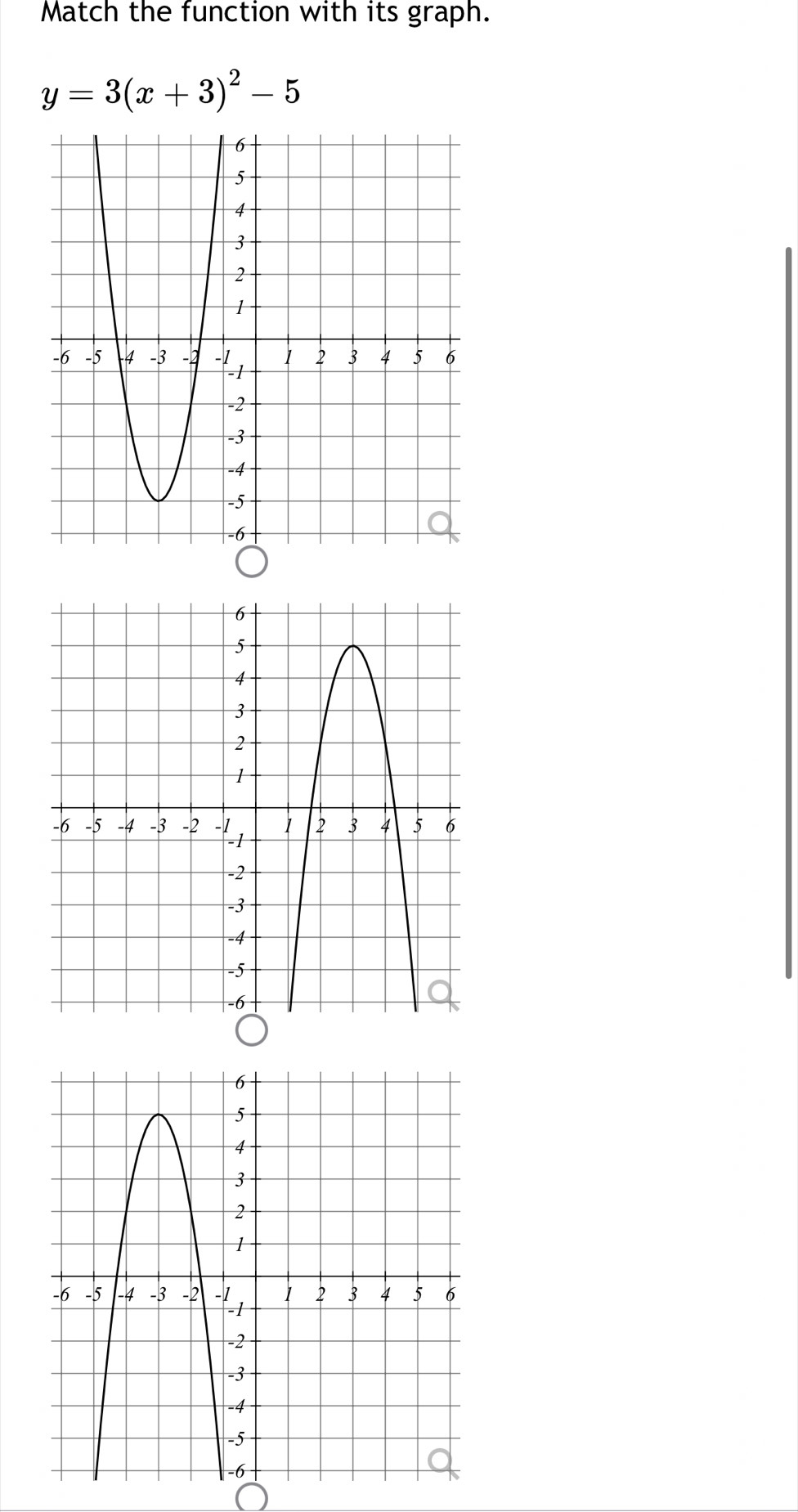 Match the function with its graph.
y=3(x+3)^2-5