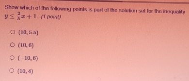 Show which of the following points is part of the solution set for the inequality
y≤  2/5 x+1 (1 point)
(10,5.5)
(10,6)
(-10,6)
(10,4)