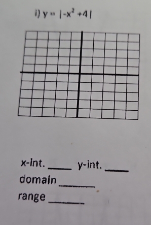 y=|-x^2+4|
x -lnt. _ y -int._ 
_ 
domain 
range_