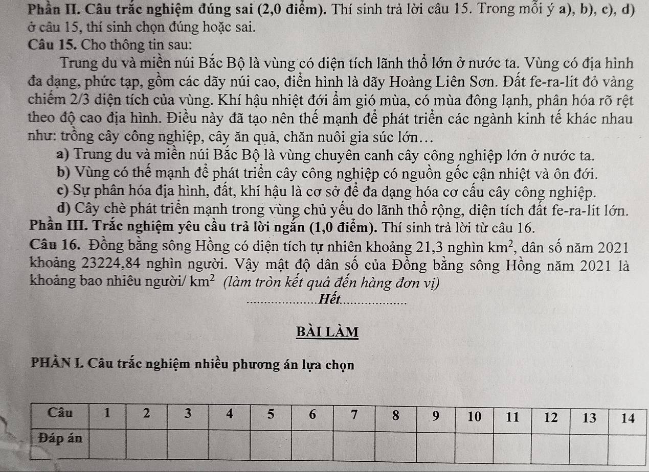 Phần II. Câu trắc nghiệm đúng sai (2,0 điểm). Thí sinh trả lời câu 15. Trong mỗi ý a), b), c), d)
ở câu 15, thí sinh chọn đúng hoặc sai.
Câu 15. Cho thông tin sau:
Trung du và miền núi Bắc Bộ là vùng có diện tích lãnh thổ lớn ở nước ta. Vùng có địa hình
đa dạng, phức tạp, gồm các dãy núi cao, điển hình là dãy Hoàng Liên Sơn. Đất fe-ra-lit đỏ vàng
chiếm 2/3 diện tích của vùng. Khí hậu nhiệt đới ẩm gió mùa, có mùa đông lạnh, phân hóa rõ rệt
theo độ cao địa hình. Điều này đã tạo nên thế mạnh để phát triển các ngành kinh tế khác nhau
như: trồng cây công nghiệp, cây ăn quả, chăn nuôi gia súc lớn...
a) Trung du và miền núi Bắc Bộ là vùng chuyên canh cây công nghiệp lớn ở nước ta.
b) Vùng có thể mạnh để phát triển cây công nghiệp có nguồn gốc cận nhiệt và ôn đới.
c) Sự phân hóa địa hình, đất, khí hậu là cơ sở để đa dạng hóa cơ cấu cây công nghiệp.
d) Cây chè phát triển mạnh trong vùng chủ yếu do lãnh thổ rộng, diện tích đất fe-ra-lit lớn.
Phần III. Trắc nghiệm yêu cầu trả lời ngắn (1,0 điểm). Thí sinh trả lời từ câu 16.
Câu 16. Đồng bằng sông Hồng có diện tích tự nhiên khoảng 21,3 nghìn km^2 , dân số năm 2021
khoảng 23224,84 nghìn người. Vậy mật độ dân số của Đồng bằng sông Hồng năm 2021 là
khoảng bao nhiêu người/ km^2 (làm tròn kết quả đến hàng đơn vị)
Hết
bài làm
PHÀN L Câu trắc nghiệm nhiều phương án lựa chọn