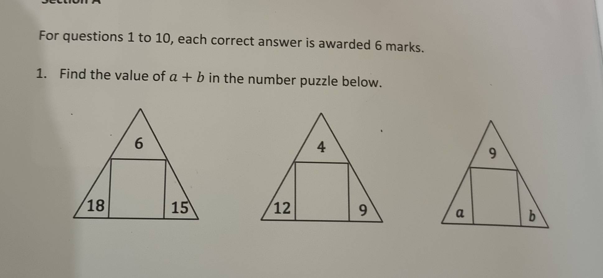 For questions 1 to 10, each correct answer is awarded 6 marks. 
1. Find the value of a+b in the number puzzle below.