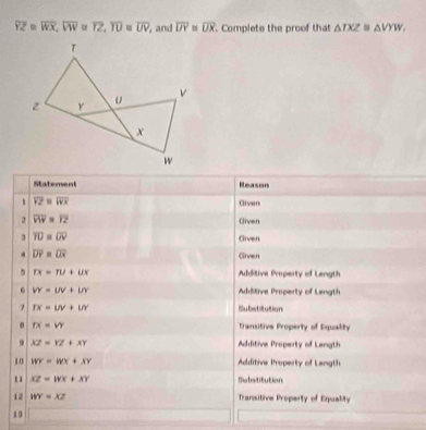 overline YZ=overline WX, overline VW=overline YZ, overline IU=overline UV, , and overline UY≌ overline UX. Complete the proof that △ TXZ≌ △ VYW. 
Statement Reason 
、 overline YZ≌ overline WX Gliven 
2 overline VW=overline YZ
Given 
3 overline TU=overline UV
Given 
4 overline DY=overline UX
Given 
5 rx=ru+ux Auditive Property of Length 
6 VY=UV+UY Additive Property of Langth 
7 TX=LN+UY Illubetitution 
. DI=VY Transitive Property of Equality 
9 XZ=YZ+XY Additive Property of Langth 
10 WY=WX+XY Additive Property of Langth 
1 XZ=WX+XY Subsititution 
12 IW=XZ Transitive Property of Equality 
13